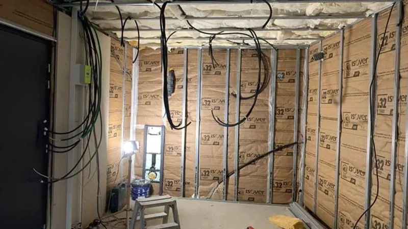 Câblage électrique et isolation exposés à l'intérieur d'une pièce en construction.